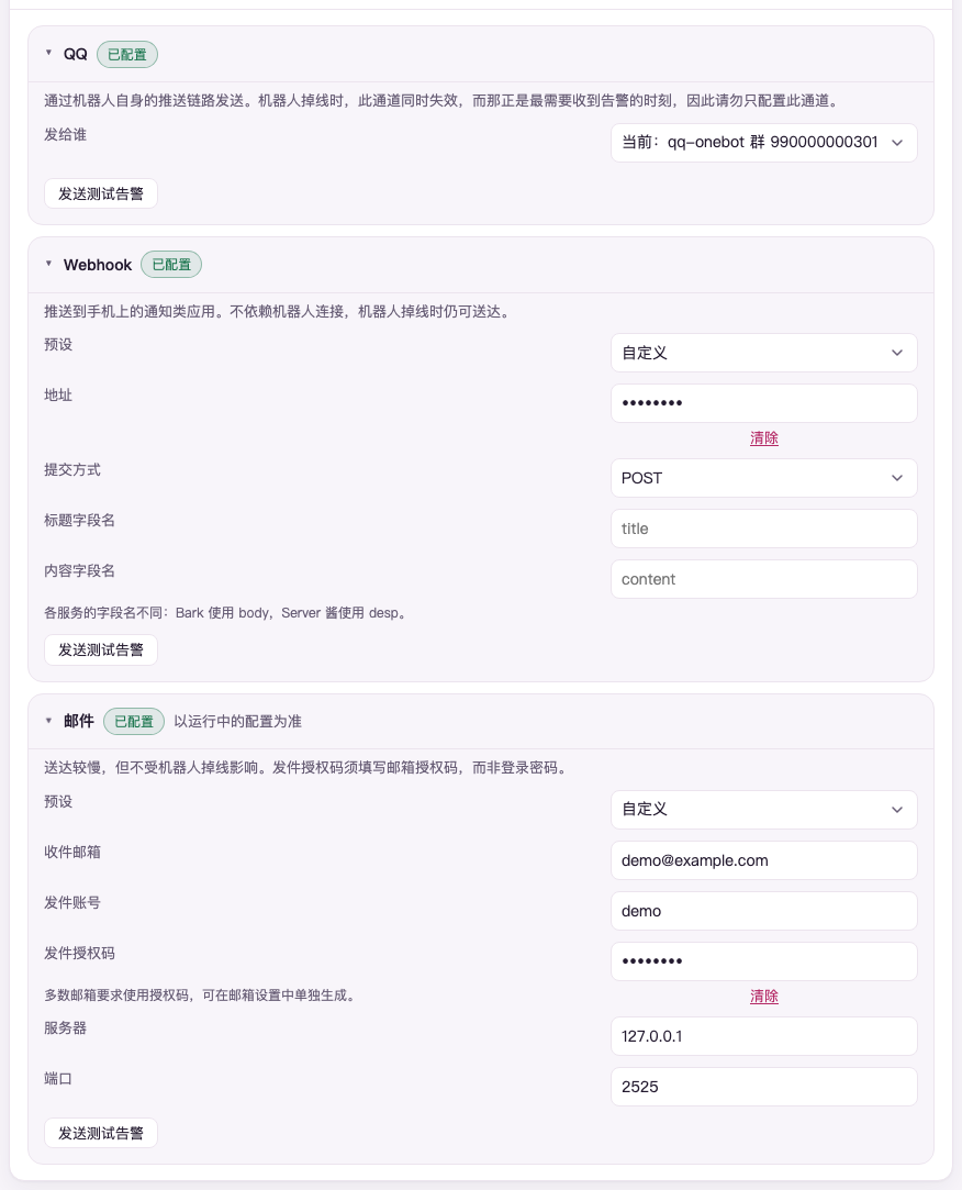设置页「告警」组里的三张卡全部展开(示例数据):QQ、Webhook、邮件都标着已配置,左边是说明、右边是控件,各带「发送测试告警」按钮;QQ 卡的「发给谁」写着当前发往 qq-onebot 群 990000000301;Webhook 地址与发件授权码用圆点遮着