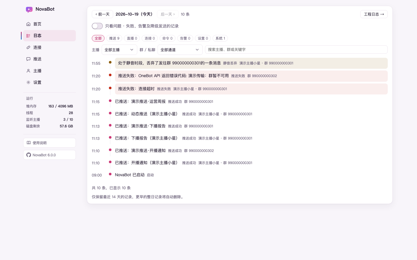 日志页一屏(示例数据):今天共 10 条,最上面是一条静音丢弃与两条推送失败,带底色,往下是推送成功的记录,最早一条是 NovaBot 已启动